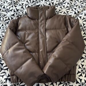 ABERCROMBIE BROWN VEGAN LEATHER PUFFER JACKET